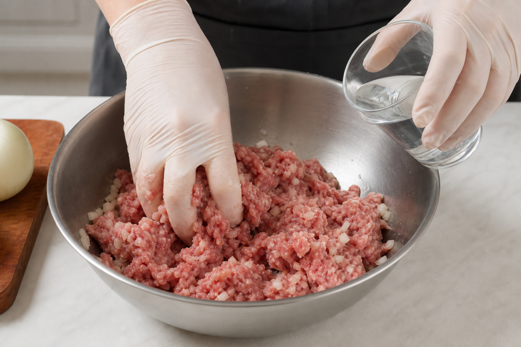 Холодную воду постепенно добавляют в мясную начинку